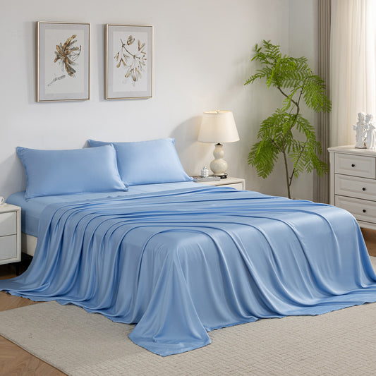 Bed Sheet Set-4 Piece 16” Deep Pocket, Ultra Soft Breathable Silky Bedding Sheets & Pillowcases-Light Blue