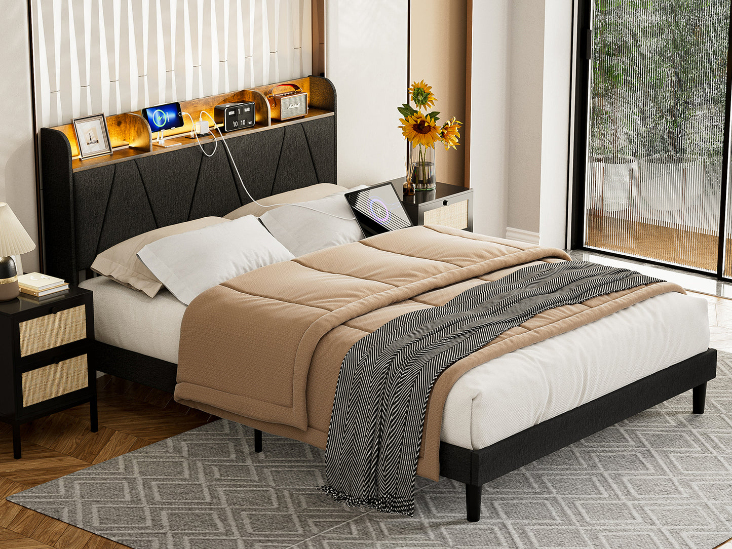 LED Bed Frame with Charging Station & Storage Shelf Upholstered Headboard,No Box Spring Needed
