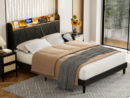 LED Bed Frame with Charging Station & Storage Shelf Upholstered Headboard,No Box Spring Needed