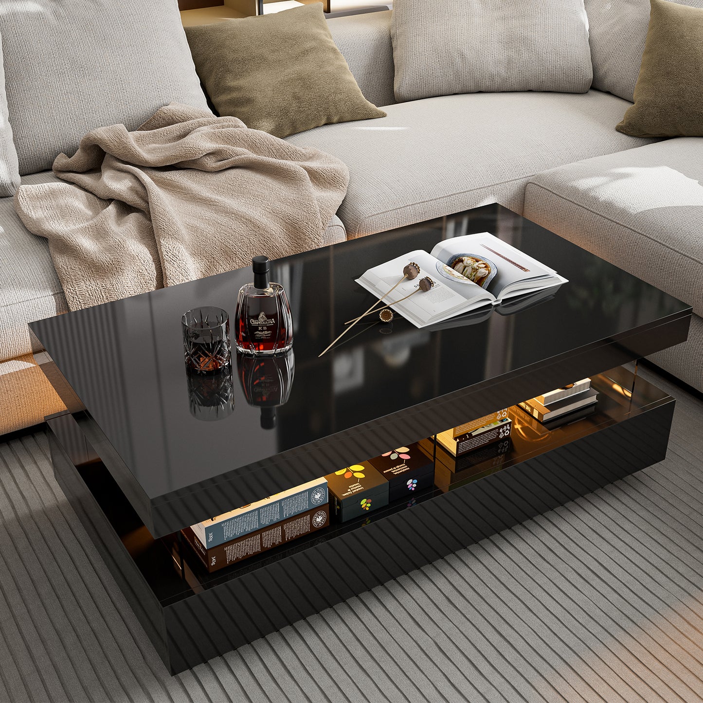 LED Coffee Table with Open Space 2 Storage Drawers 16 Colors LED Lights