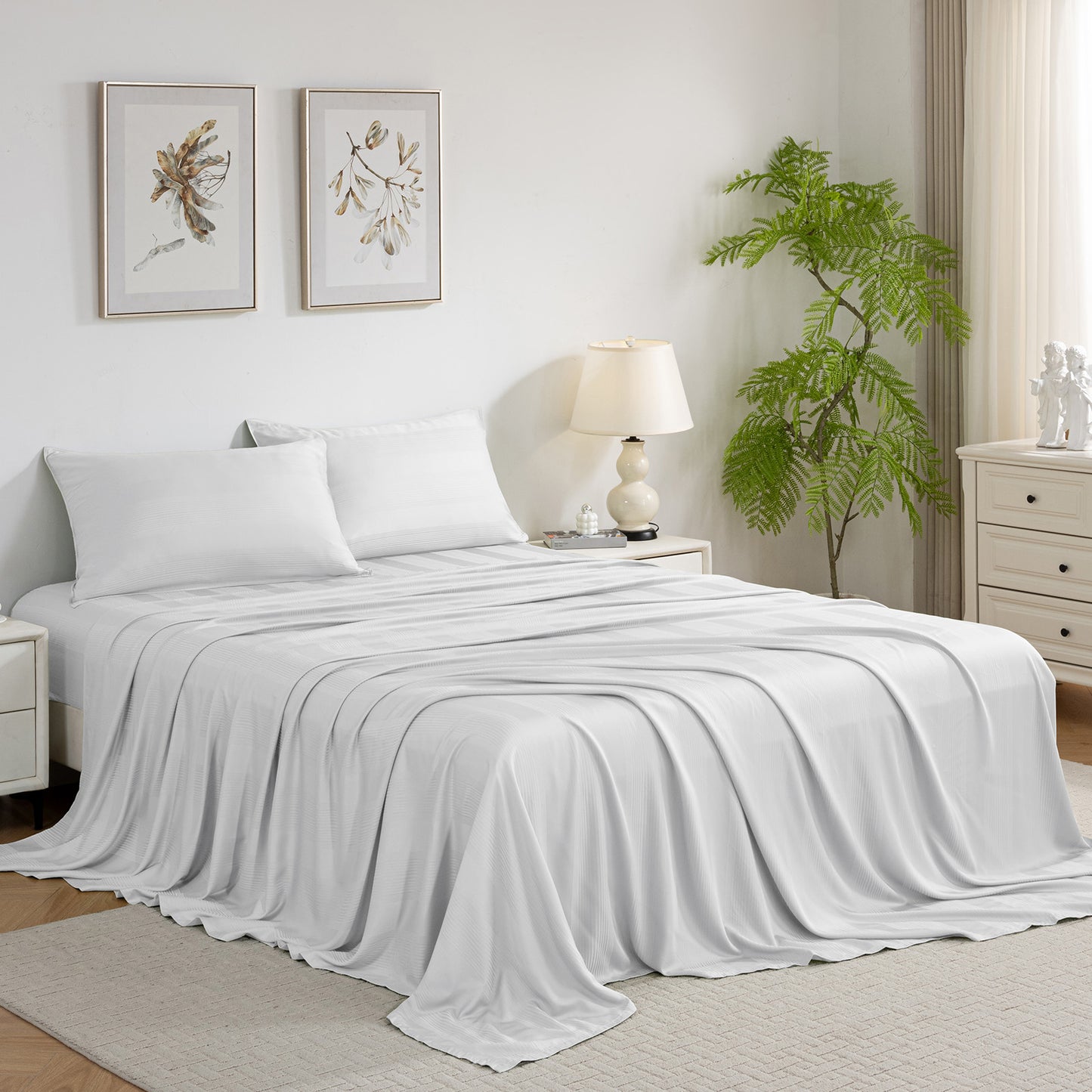 Bed Sheet Set-4 Piece 16” Deep Pocket, Striped Jacquard Ultra Soft Breathable Silky Bedding Sheets & Pillowcases-White