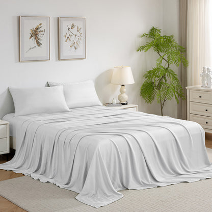 Bed Sheet Set-4 Piece 16” Deep Pocket, Striped Jacquard Ultra Soft Breathable Silky Bedding Sheets & Pillowcases-White
