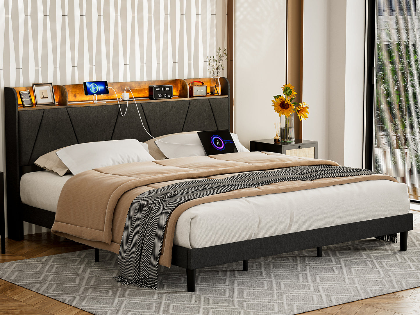 LED Bed Frame with Charging Station & Storage Shelf Upholstered Headboard,No Box Spring Needed