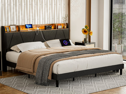 LED Bed Frame with Charging Station & Storage Shelf Upholstered Headboard,No Box Spring Needed