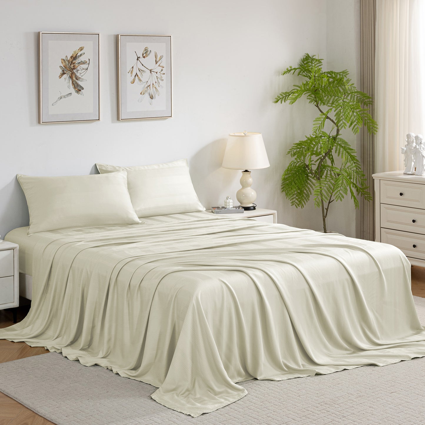 Bed Sheet Set-4 Piece 16” Deep Pocket, Striped Jacquard Ultra Soft Breathable Silky Bedding Sheets & Pillowcases-Beige