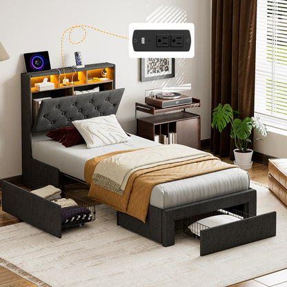 Twin XL Bed Frames with Hidden Storage Headboard & 3 Drawers & LED Lights & Charging Station