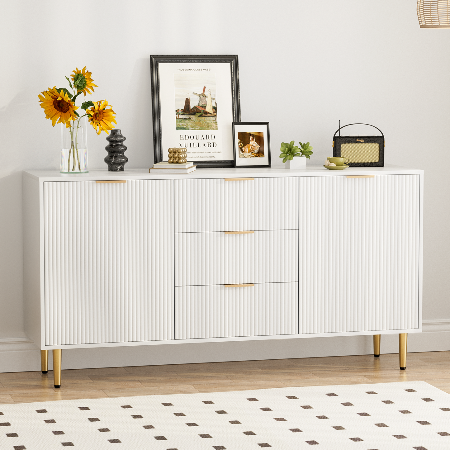 Sideboard with Drawers, Fluted Buffet Cabinet with Storage, Adjustable Shelves