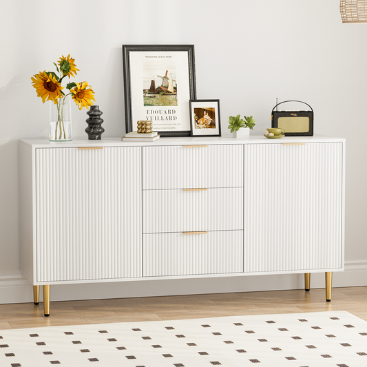 Sideboard with Drawers, Fluted Buffet Cabinet with Storage, Adjustable Shelves