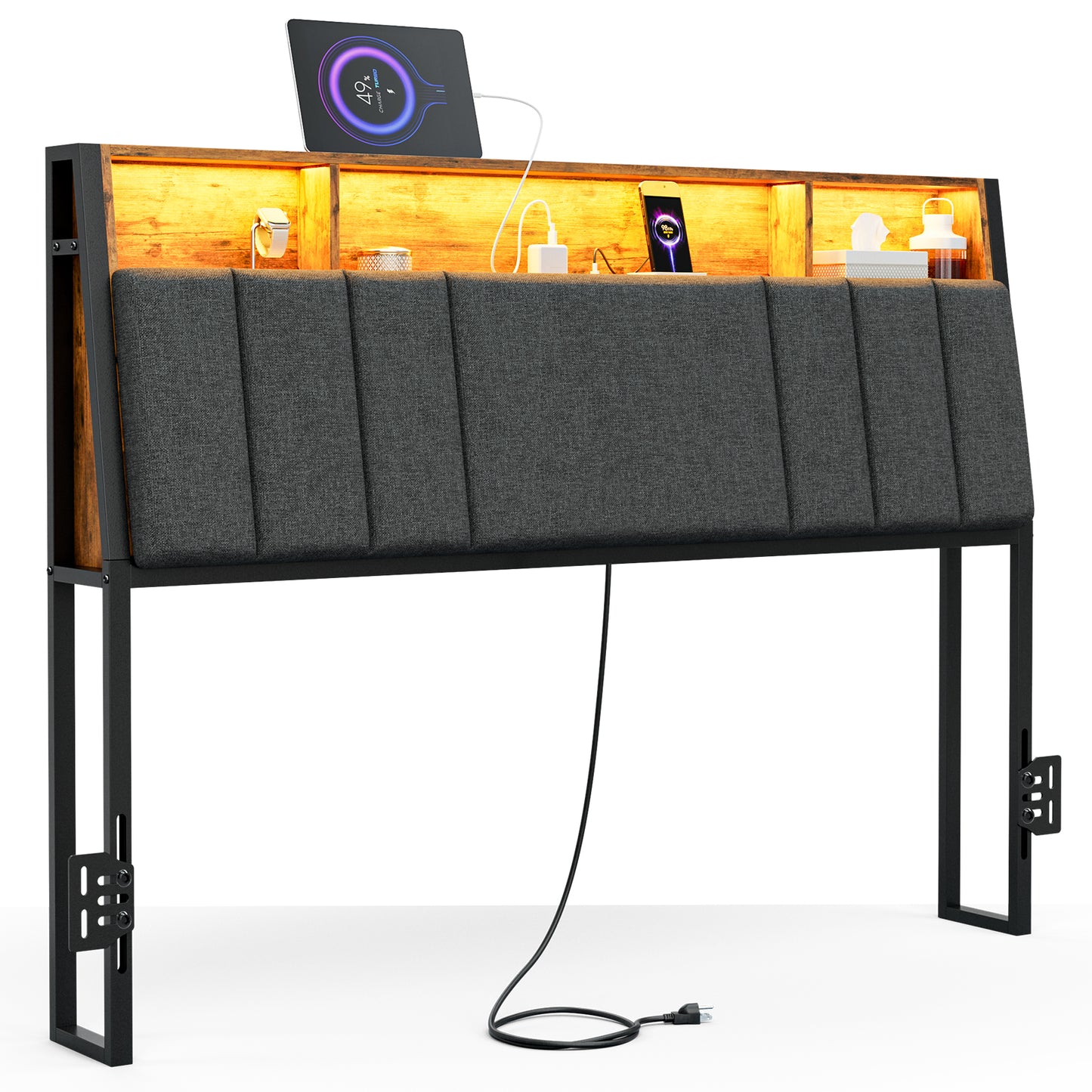 Headboard with Charging Station, LED Lights and Hidden Storage