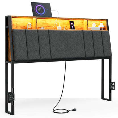 Headboard with Charging Station, LED Lights and Hidden Storage