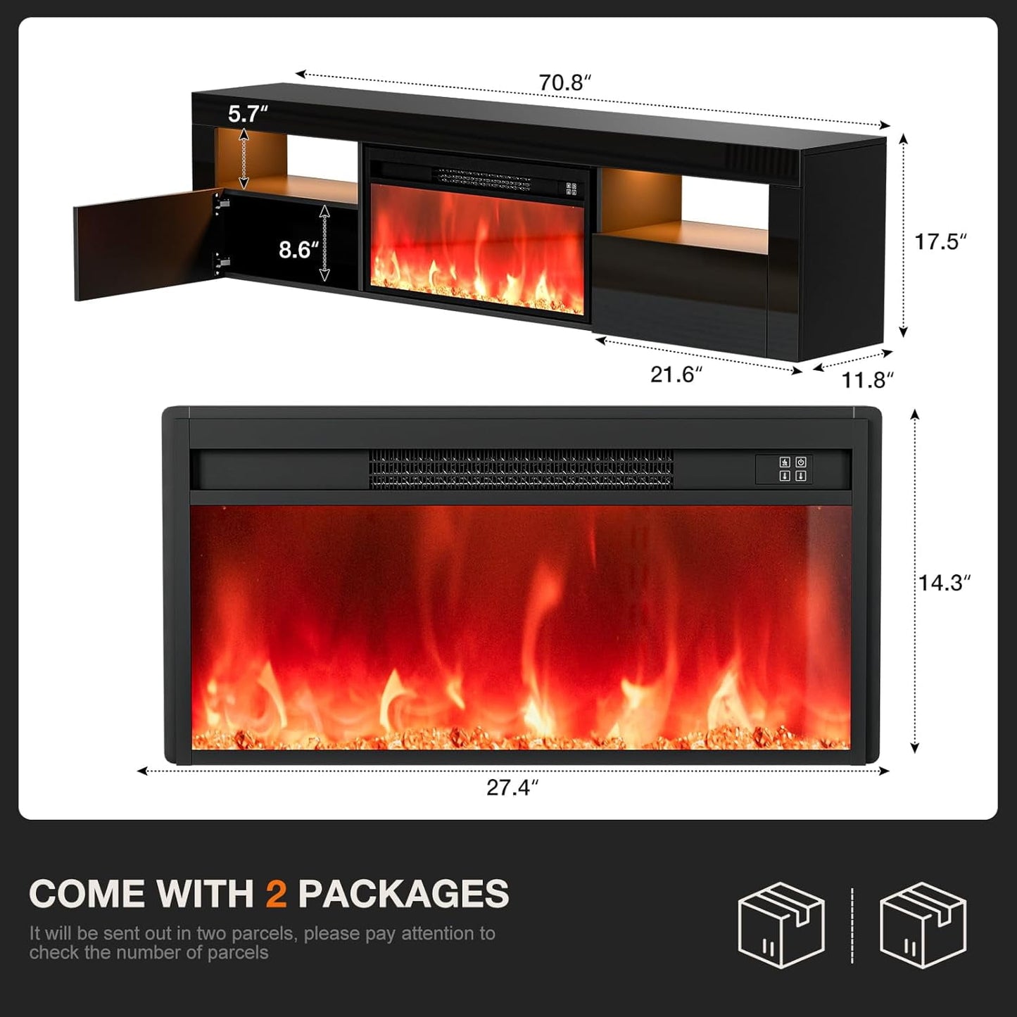 ARICOEASY Floating TV Stand with 28" Electric Fireplace & RGB LED Lights, Wall Mounted Media Console for TVs Up to 80"