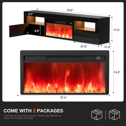 ARICOEASY Floating TV Stand with 28" Electric Fireplace & RGB LED Lights, Wall Mounted Media Console for TVs Up to 80"