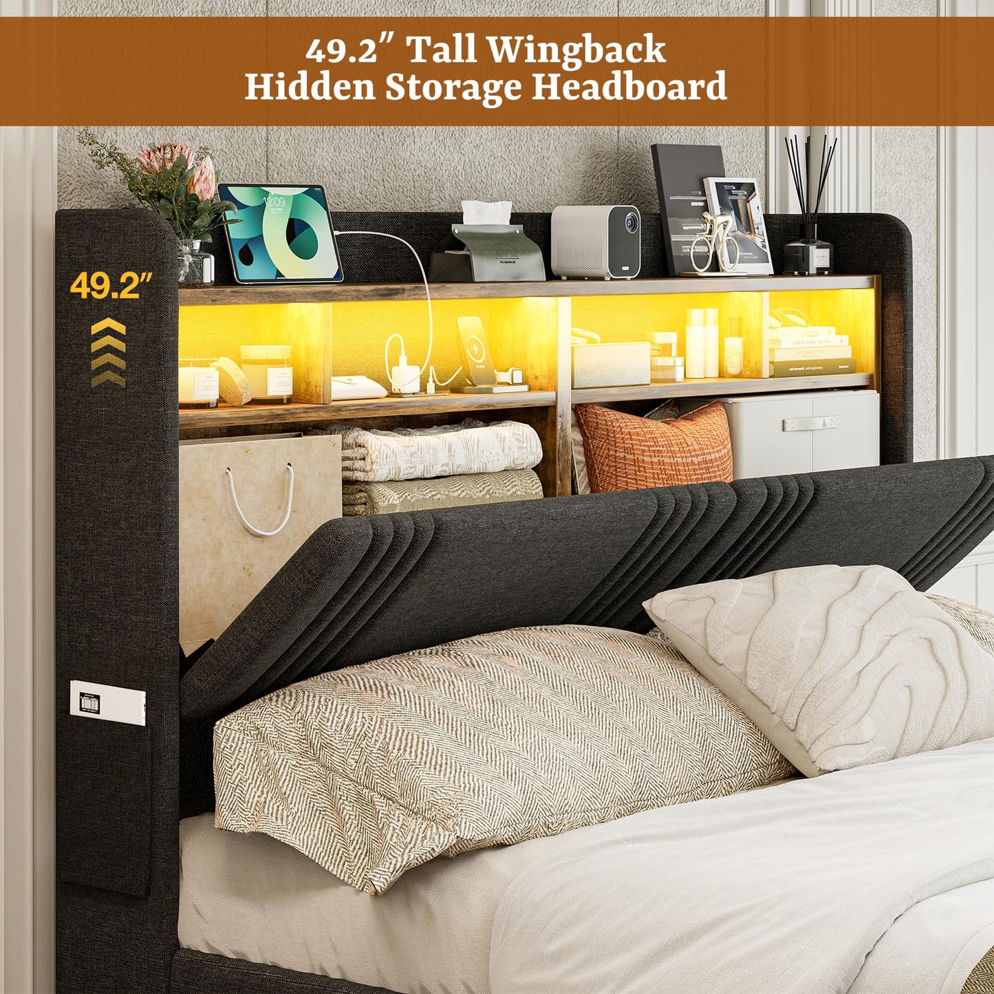 ARICOEASY California King Size Bed Frame with Bookcase Headboard & 2 Drawers Cal King Upholstered Platform Bed with LED Lights & Charging Station