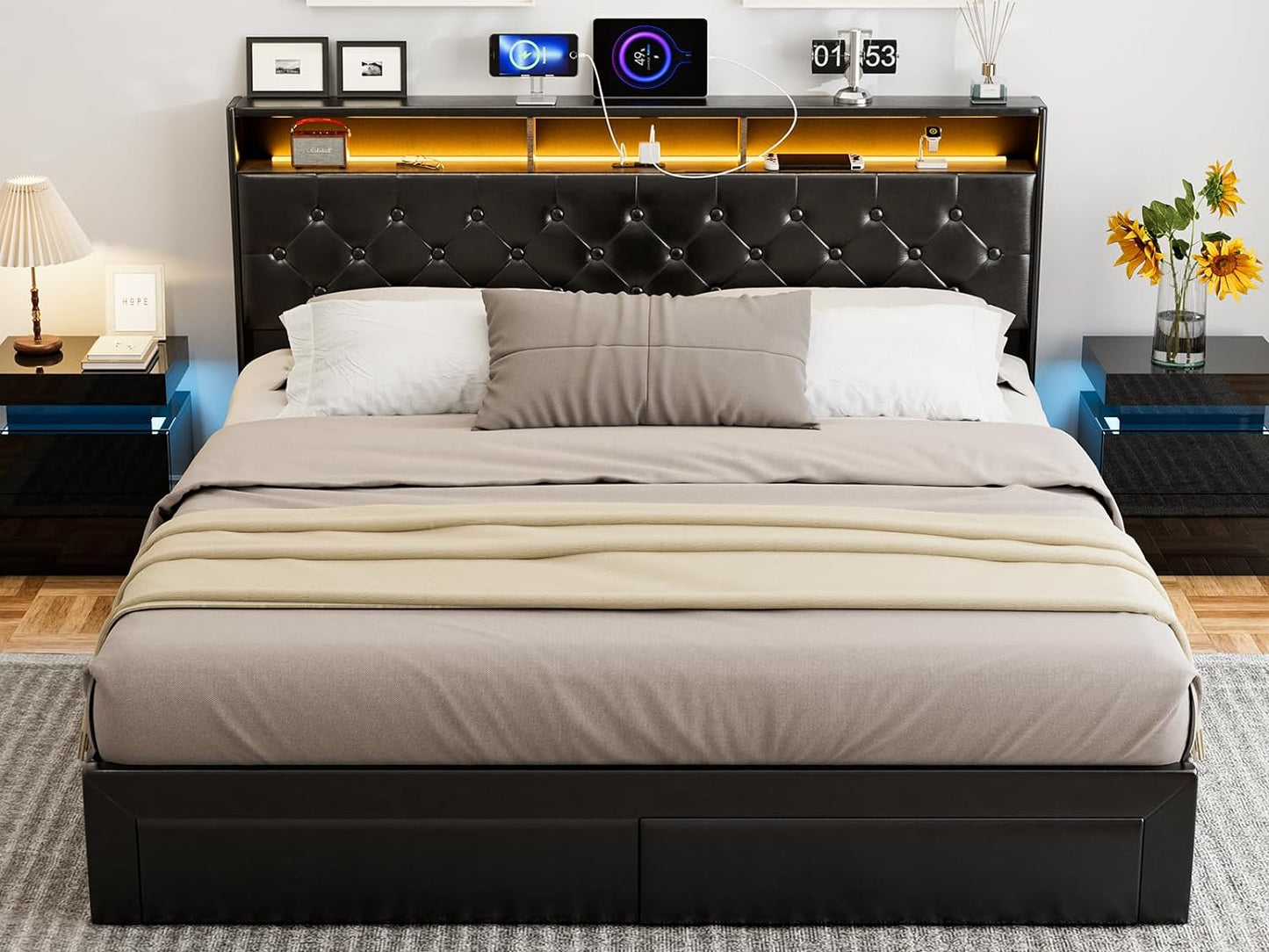 LED Bed Frame with 4 Storage Drawers, Hidden Storage Headboard with Charging Station No Box Spring