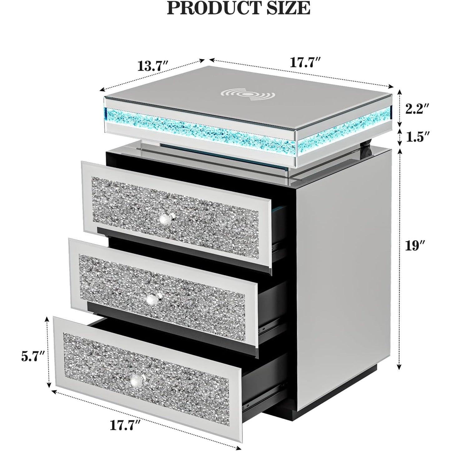 ARICOEASY Mirrored Nightstands with LED Lights & Charging Station, Silver Glam Bedroom Furniture Set, Fully Assembled