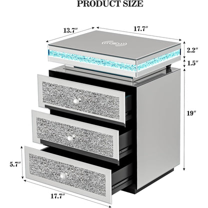 ARICOEASY Mirrored Nightstands with LED Lights & Charging Station, Silver Glam Bedroom Furniture Set, Fully Assembled