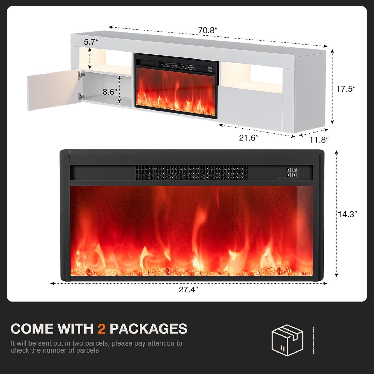 ARICOEASY Floating TV Stand with 28" Electric Fireplace & RGB LED Lights, Wall Mounted Media Console for TVs Up to 80"