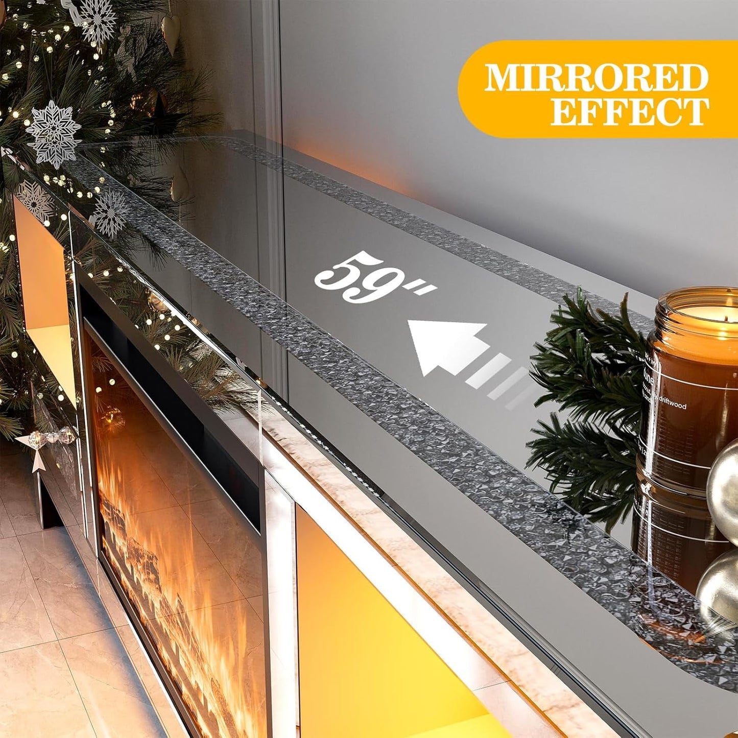 ARICOEASY Mirrored TV Stand with Smart Electric Fireplace and RGB Ambience Light