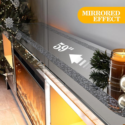 ARICOEASY Mirrored TV Stand with Smart Electric Fireplace and RGB Ambience Light