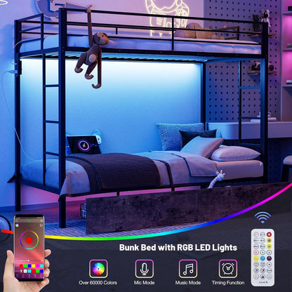 ARICOEASY Twin XL Over Twin XL Metal Bunk Bed with LED Lights & Charging Station, Heavy Duty Bunk Bed Frame with 2 Storage Drawers, Safety Guardrails, Dual Ladders