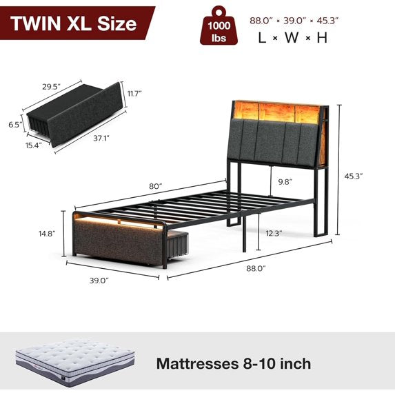 ARICOEASY Twin XL Bed Frames with Hidden Storage Headboard, LED Lights, USB Charging Station, Dustproof Storage Drawer