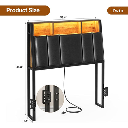 ARICOEASY Hidden Storage Headboard Twin Size with Charging Station, Ergonomic Upholstered Twin XL Headboard Only with LED Lights, 2 Outlets & 2 USB Ports, Attach Frame, Easy Assembly