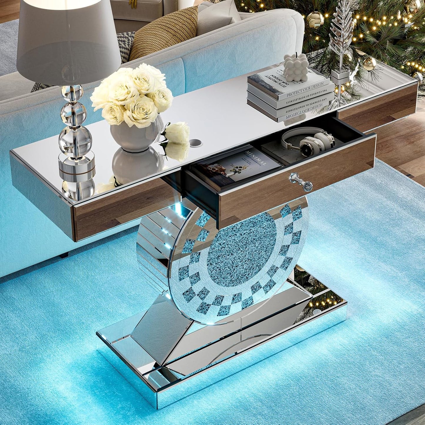 ARICOEASY Mirrored Console Table with LED Light and Storage Drawer, Long Entryway Sofa Table