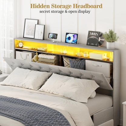 ARICOEASY King Bed Frame with Hidden Storage Headboard & 4 Drawers, Upholstered Button Tufted Platform Bed with LED Lights and Charging Station, No Box Spring Needed, Solid Wood Slats