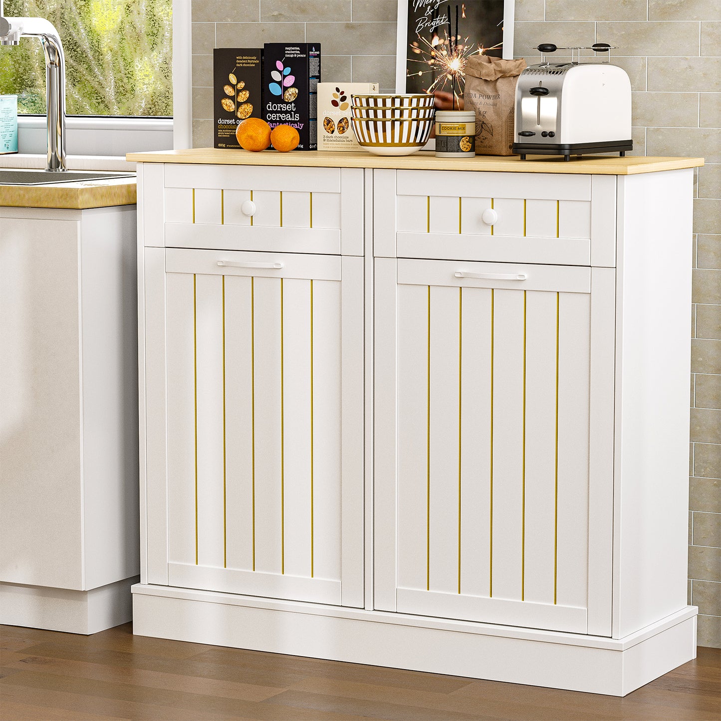 Tilt Out Trash Cabinet, Kitchen Hidden Garbage Can 10 Gallon