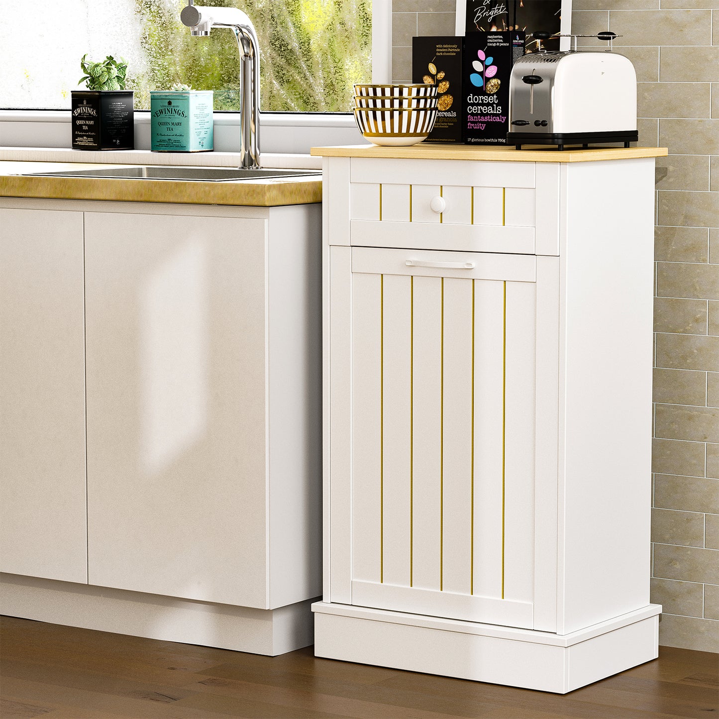 Tilt Out Trash Cabinet, Kitchen Hidden Garbage Can 10 Gallon
