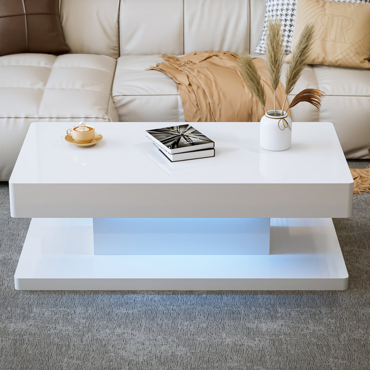 LED Coffee Table 2-Tier Rectangle Living Room Center Table with 16 Colors Lights