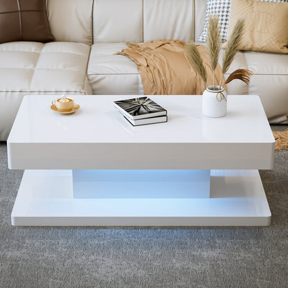 LED Coffee Table 2-Tier Rectangle Living Room Center Table with 16 Colors Lights