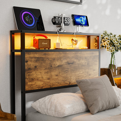 Metal Storage Headboard With RGB LED Light & Charging Station