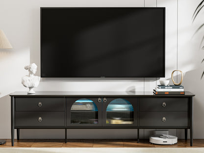 LED TV Stand for 85+ Inch TV with 2 Glass Doors, 4 Drawers and LED Lights,Glass Entertainment Center for Living Room