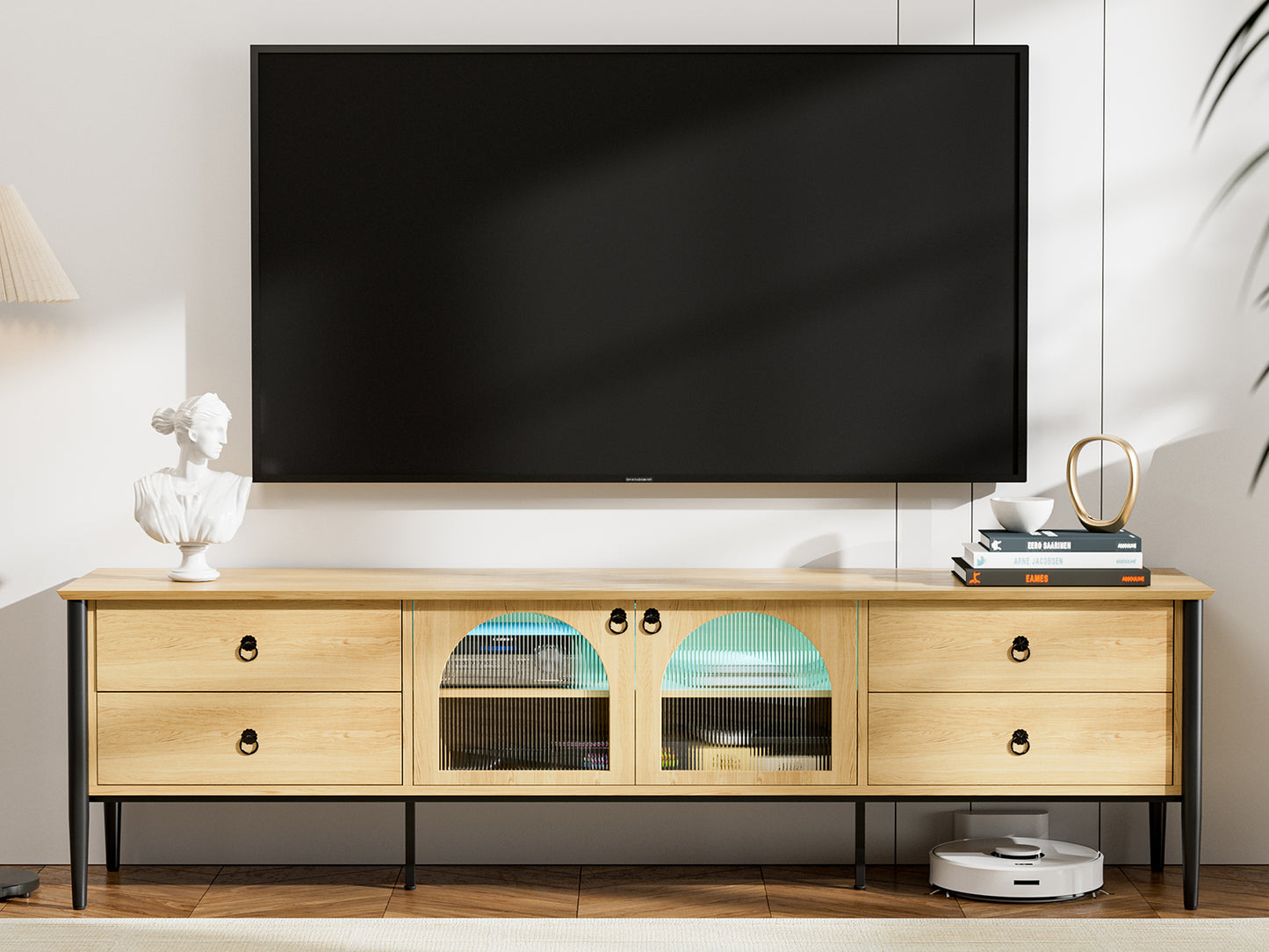 LED TV Stand for 85+ Inch TV with 2 Glass Doors, 4 Drawers and LED Lights,Glass Entertainment Center for Living Room