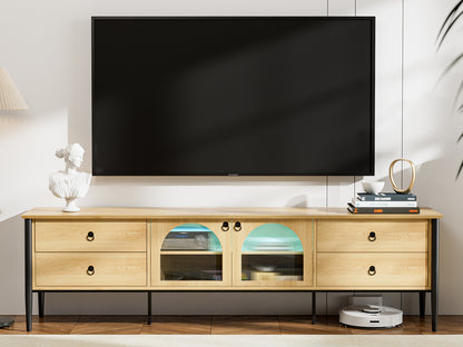 LED TV Stand for 85+ Inch TV with 2 Glass Doors, 4 Drawers and LED Lights,Glass Entertainment Center for Living Room