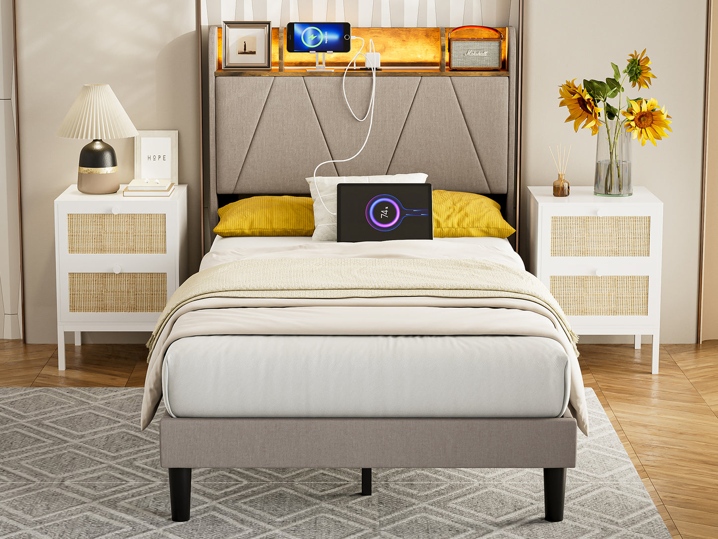 LED Bed Frame with Charging Station & Storage Shelf Upholstered Headboard,No Box Spring Needed