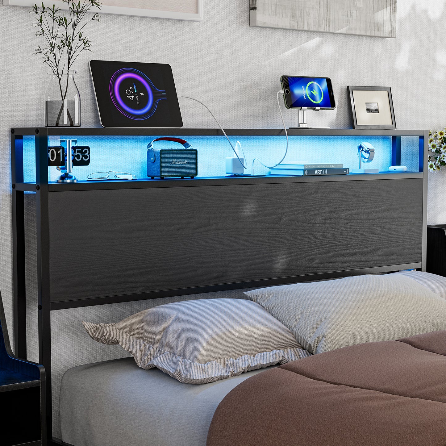 Metal Storage Headboard With RGB LED Light & Charging Station