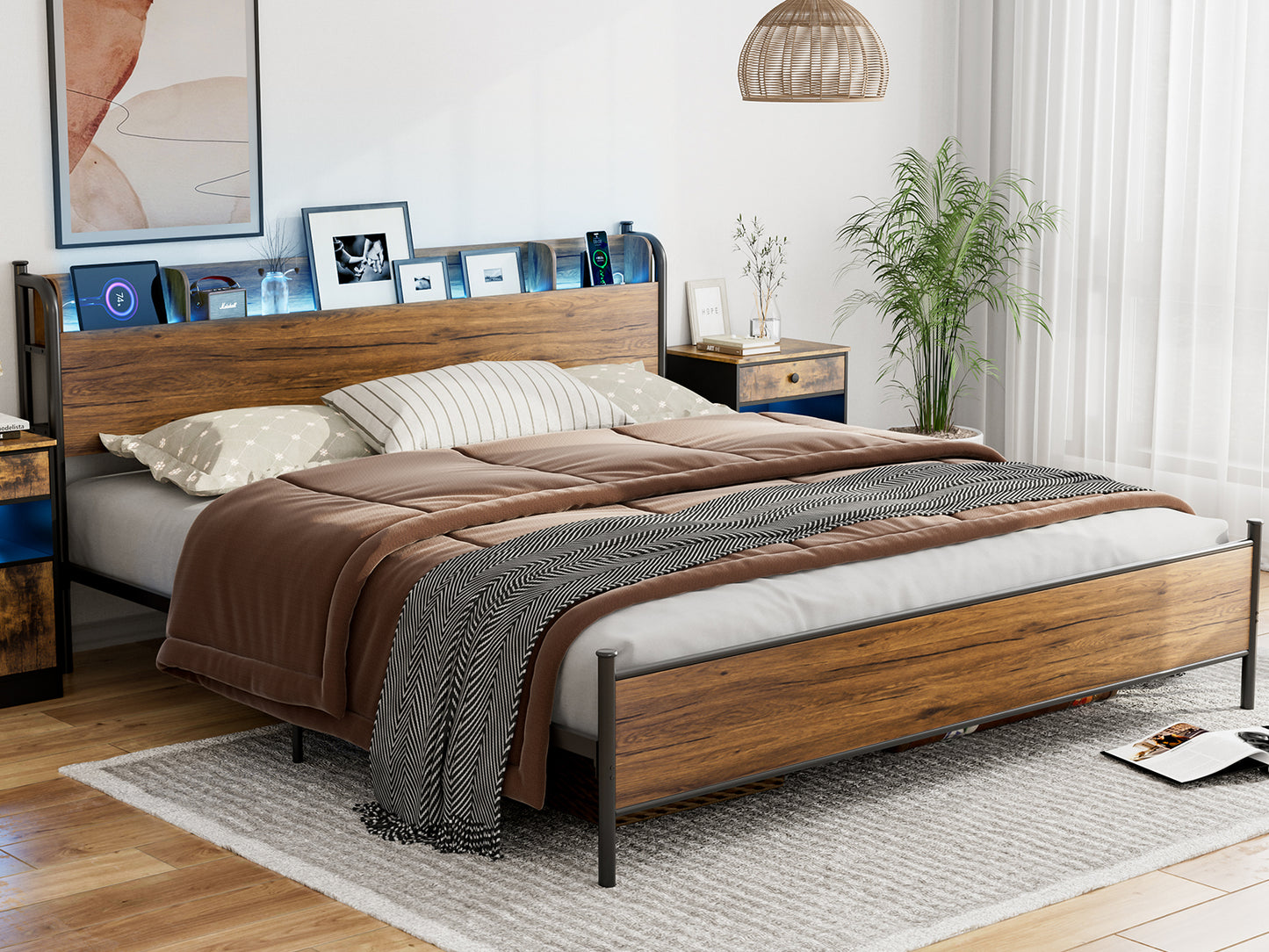 LED Bed Frame with Storage Shelf Headboard & Charging Station with Strong Steel Slats No Box Spring
