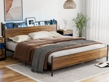 LED Bed Frame with Storage Shelf Headboard & Charging Station with Strong Steel Slats No Box Spring