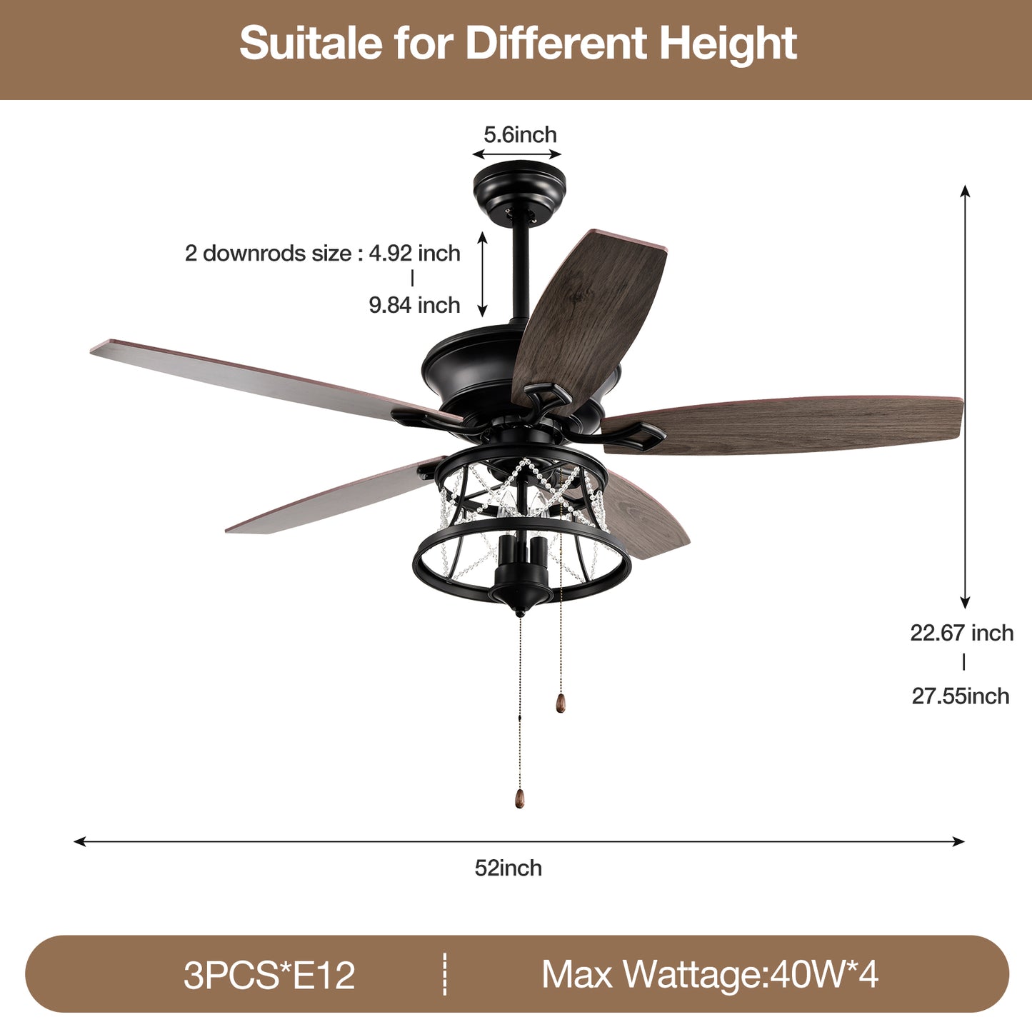 Ceiling Fans 52 Inch Industrial Style Indoor Ceiling Fan with Pull-cord Control