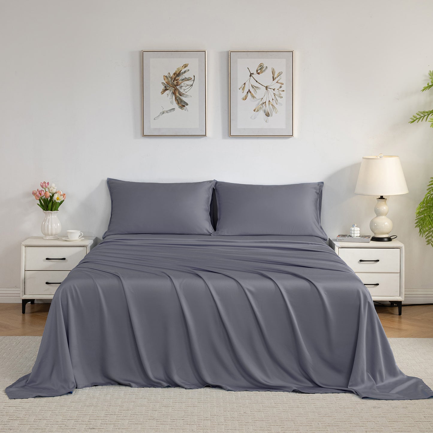 Bed Sheet Set-4 Piece 16” Deep Pocket, Ultra Soft Breathable Silky Bedding Sheets & Pillowcases-Grey