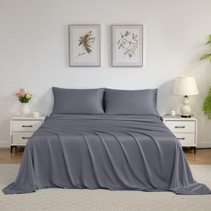 Bed Sheet Set-4 Piece 16” Deep Pocket, Ultra Soft Breathable Silky Bedding Sheets & Pillowcases-Grey