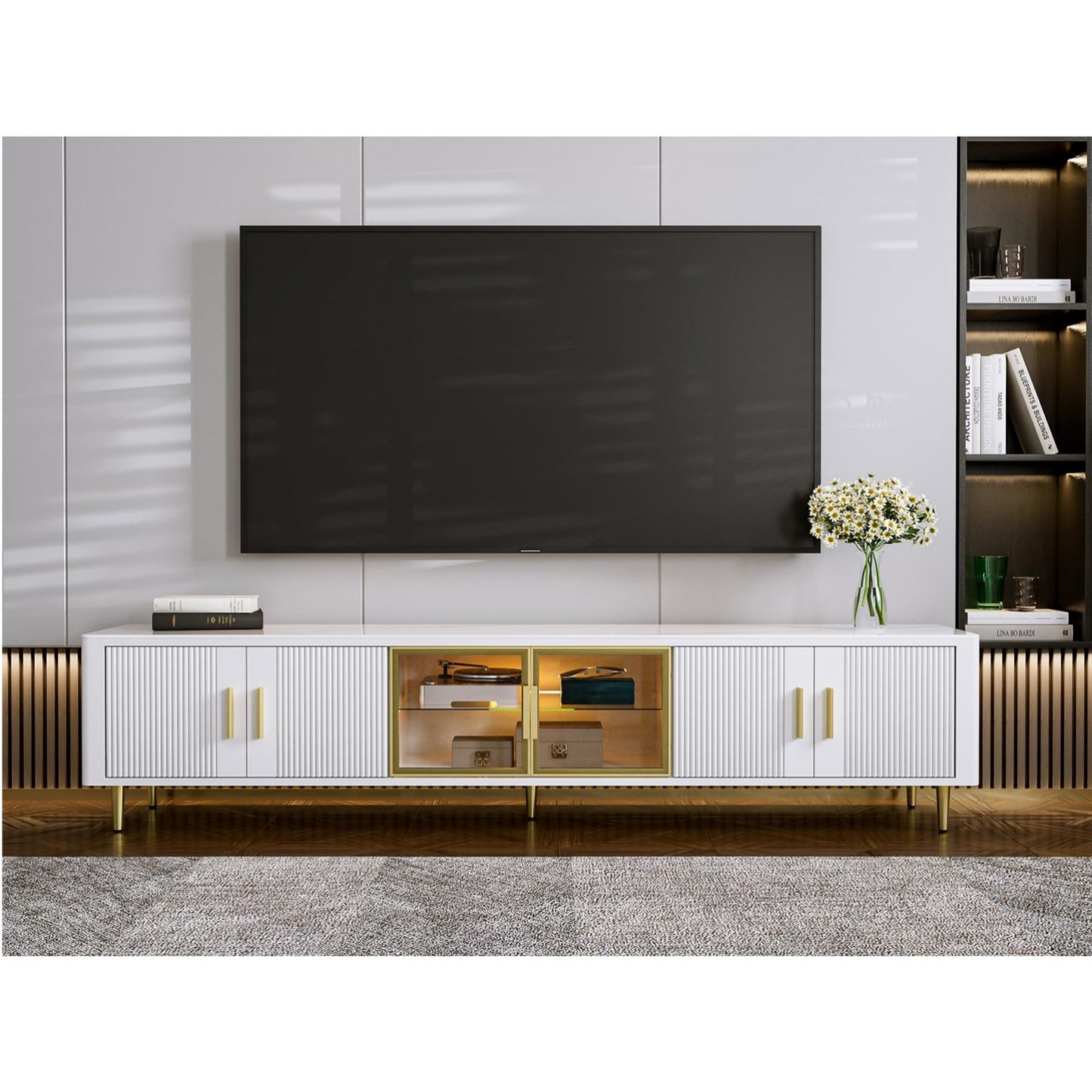 Slate TV Stand for 85+ inch TV, LED Slate Entertainment Center with Glass Storage Cabinets