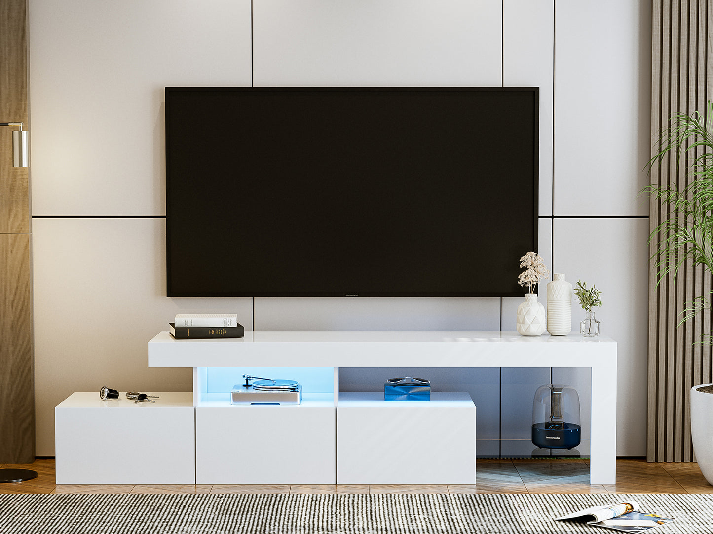 LED TV Stand for 75+ inch TV, Entertainment Center w/Colors Lights & 3 Storage Cabinets