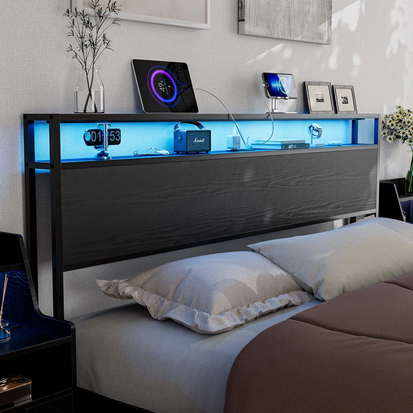 Metal Storage Headboard With RGB LED Light & Charging Station