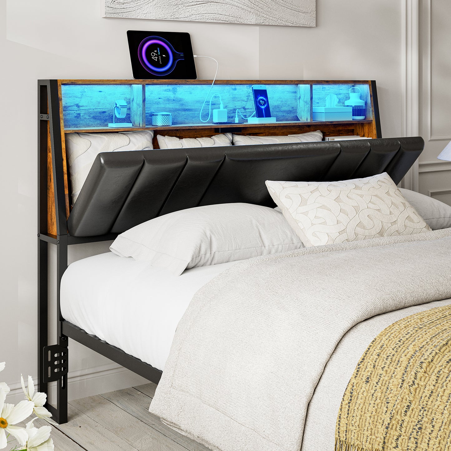 Headboard with Charging Station, LED Lights and Hidden Storage