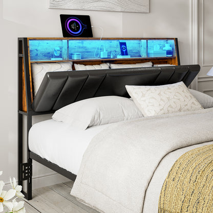 Headboard with Charging Station, LED Lights and Hidden Storage