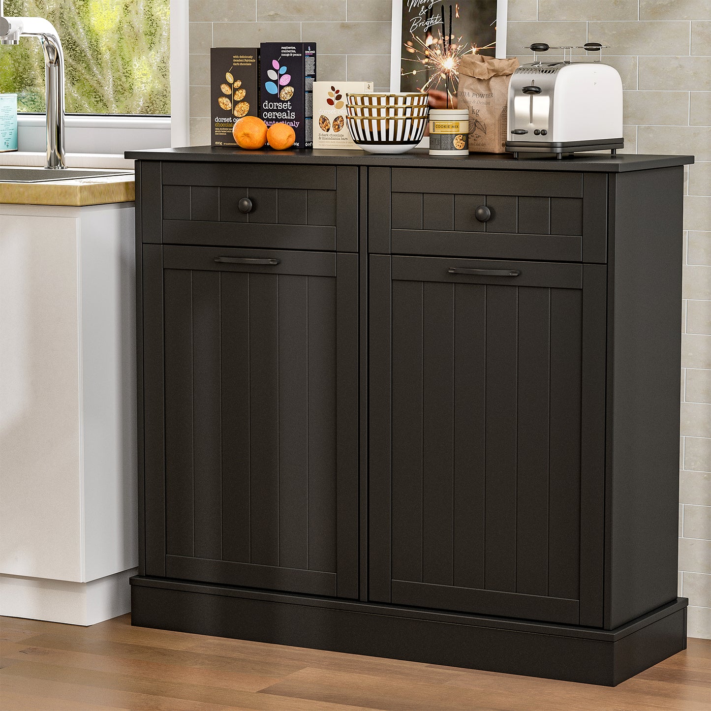 Tilt Out Trash Cabinet, Kitchen Hidden Garbage Can 10 Gallon