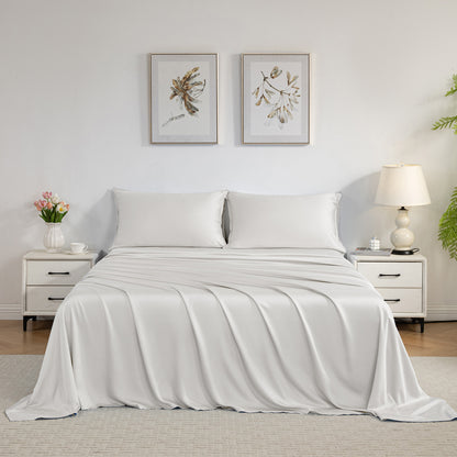 Bed Sheet Set-4 Piece 16” Deep Pocket, Ultra Soft Breathable Silky Bedding Sheets & Pillowcases-White